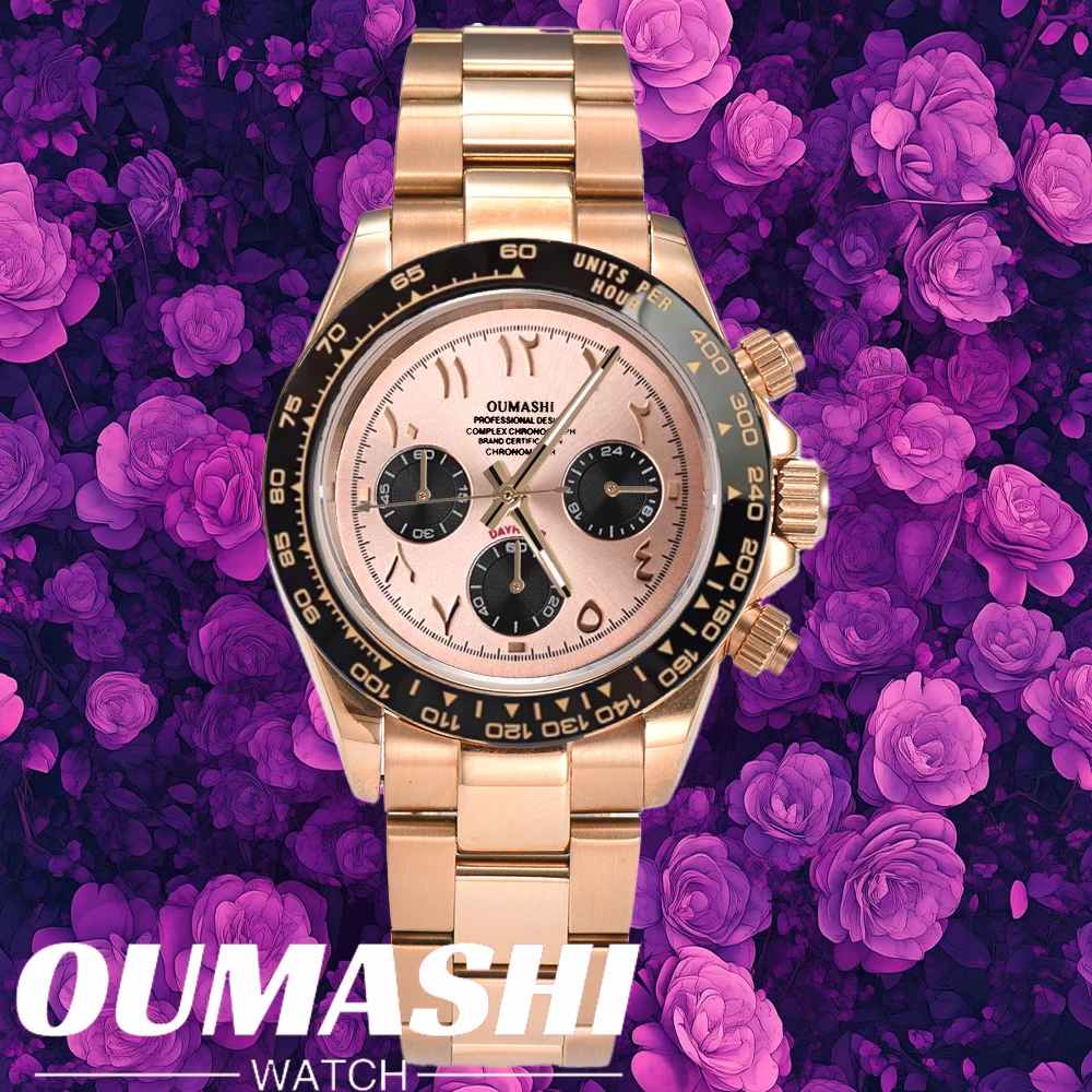 Orologio VK63 Cronografo Vetro zaffiro Orologi da uomo personalizzati VK63 Orologio in oro rosa Quadrante arabo in acciaio inossidabile Impermeabile 10ATM
