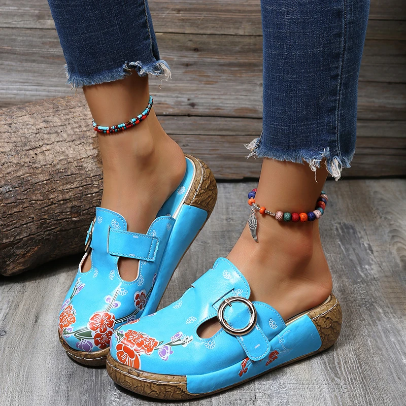 2022 New Summer Women\'s Slippers Fashion Graffiti Flower Sandals Thick Sole Casual Shoes Buckle Flat Sandals Women Slippers