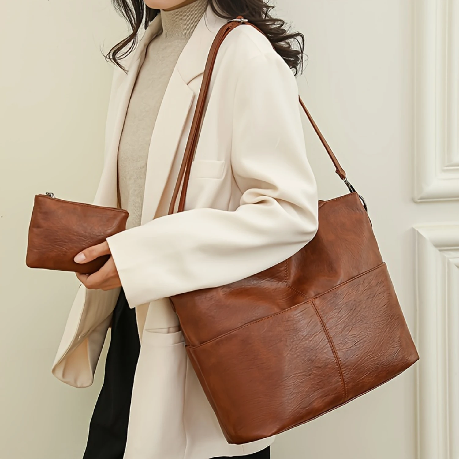 

Однотонная большая сумка в стиле ретро, сумка через плечо из искусственной кожи, модная женская сумка через плечо с несколькими карманами