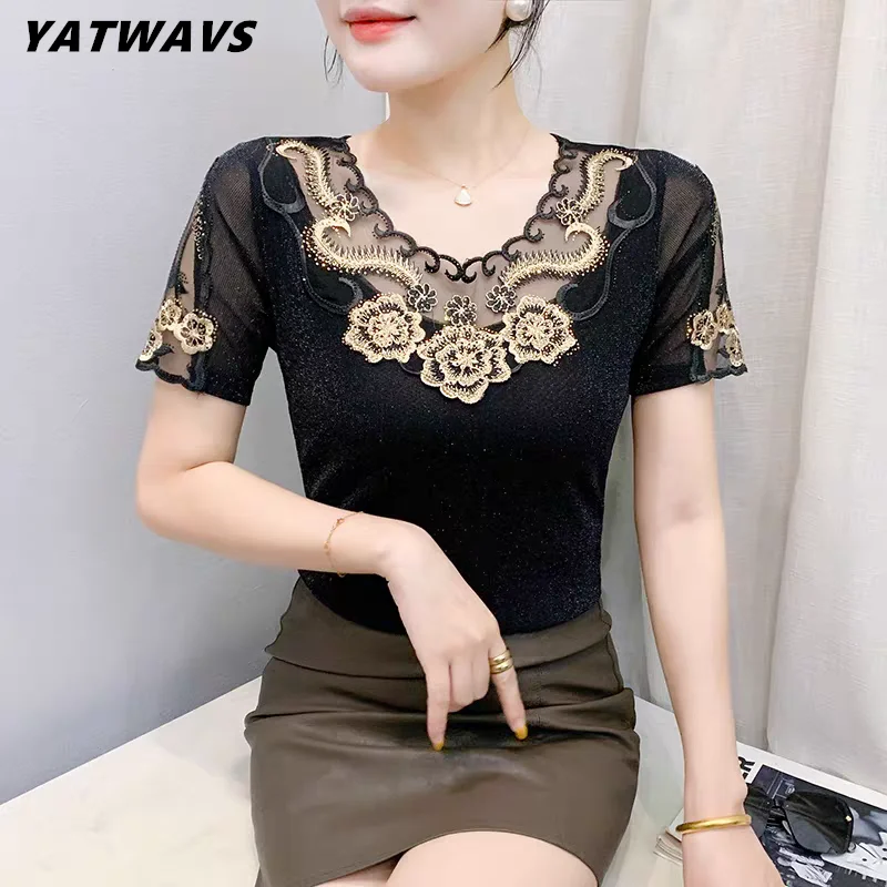 

High Quality Summer Flower Embroidery Lace Patchwork Women's T-Shirt Sexy V-Neck Shiny Hot Diamonds Mesh Tees Elegant Slim Tops