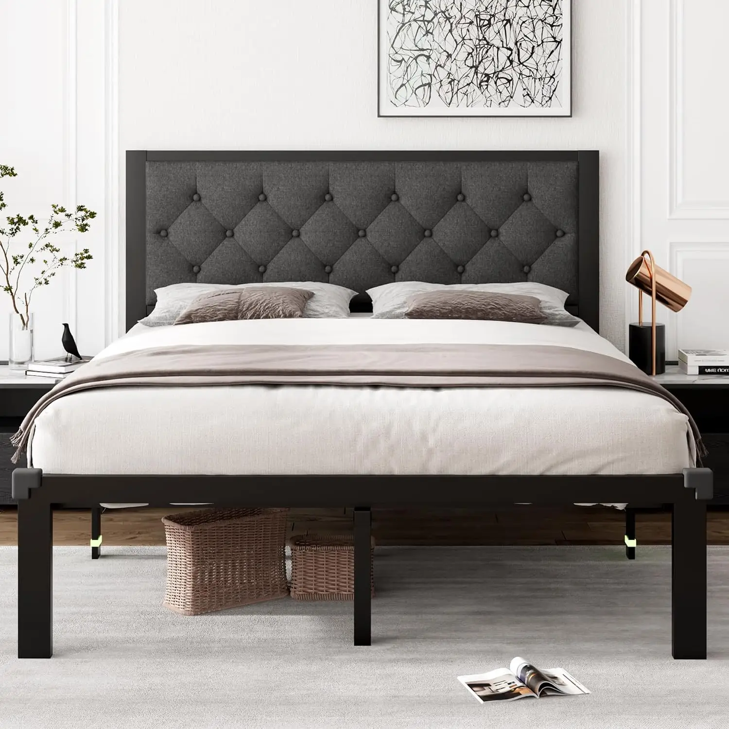 Queen Metal Bed Frame, Linen Platform Bed Frame with Button Tufted Headboard, Underbed Space, Customized