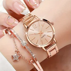 2pcs/set Women's Luxury Rose Golden Quartz Watch Business Fashion Analog Wrist Watch & Star Bangle, Gift For Mom Her