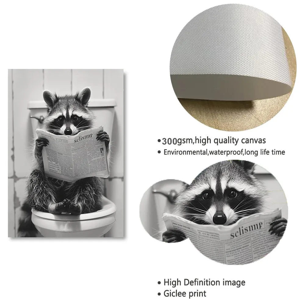 Cute Raccoon in the Toilet Funny Animal Bathroom Posters Prints Canvas Painting Black White Wall Art Pictures Shower Home Decor