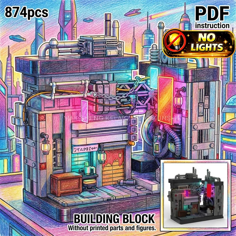 

Star movie MOC Cyberpunk City Slum Alleyway Diorama with Industrial Pipes & Translucent Neon Style Block Model