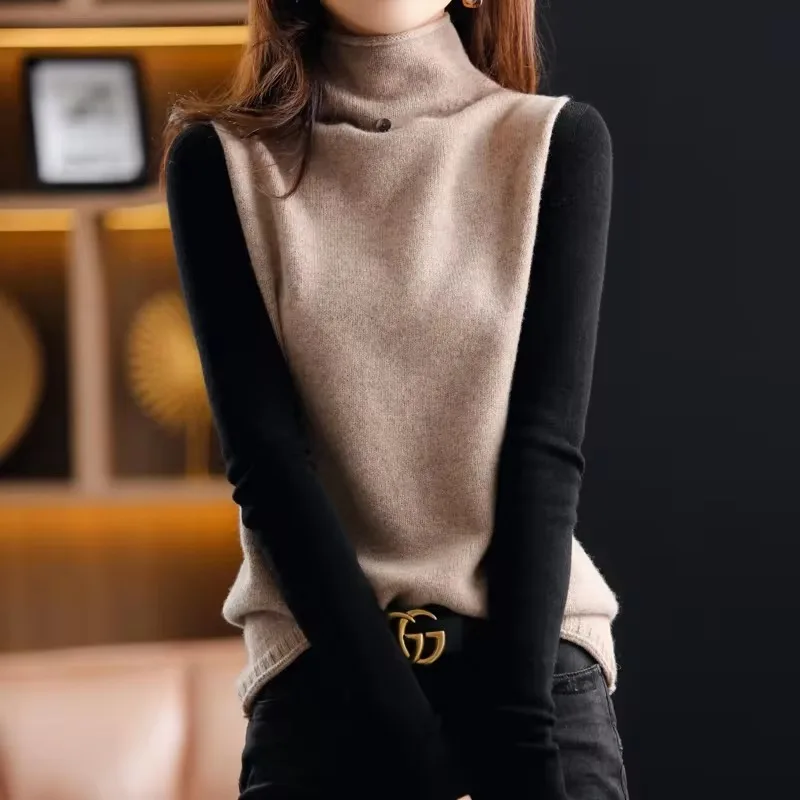 

2025 Spring Autumn Korean Sweater Vest Women Solid All-match Outerwear Knitted Turtleneck Sleeveless Female Elegant Simple