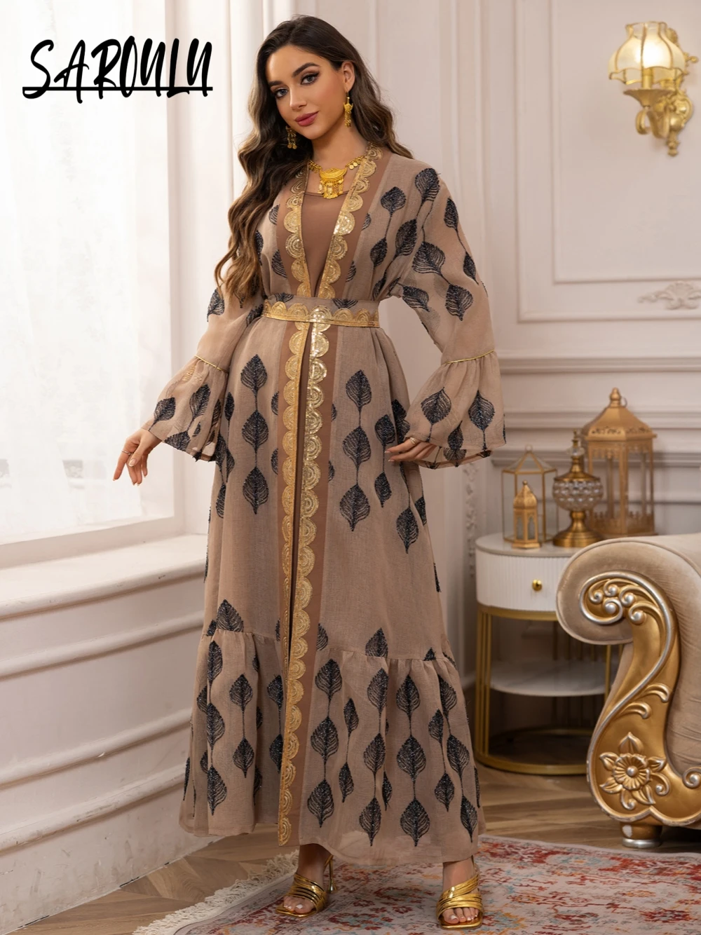 

Khaki Sequined Dubai A Line Evening Dress Muslim Long Sleeves Two Pieces Women Wear Fast Shipping Dancing Party Prom Gown