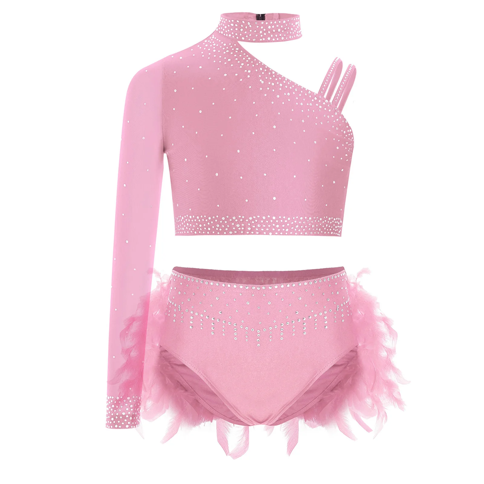 

Kids Girls Lyrical Dance Set Modern Contemporary Costumes Rhinestones Crop Top with Feather Leotard Skirted 2pcs Ballet Outfit