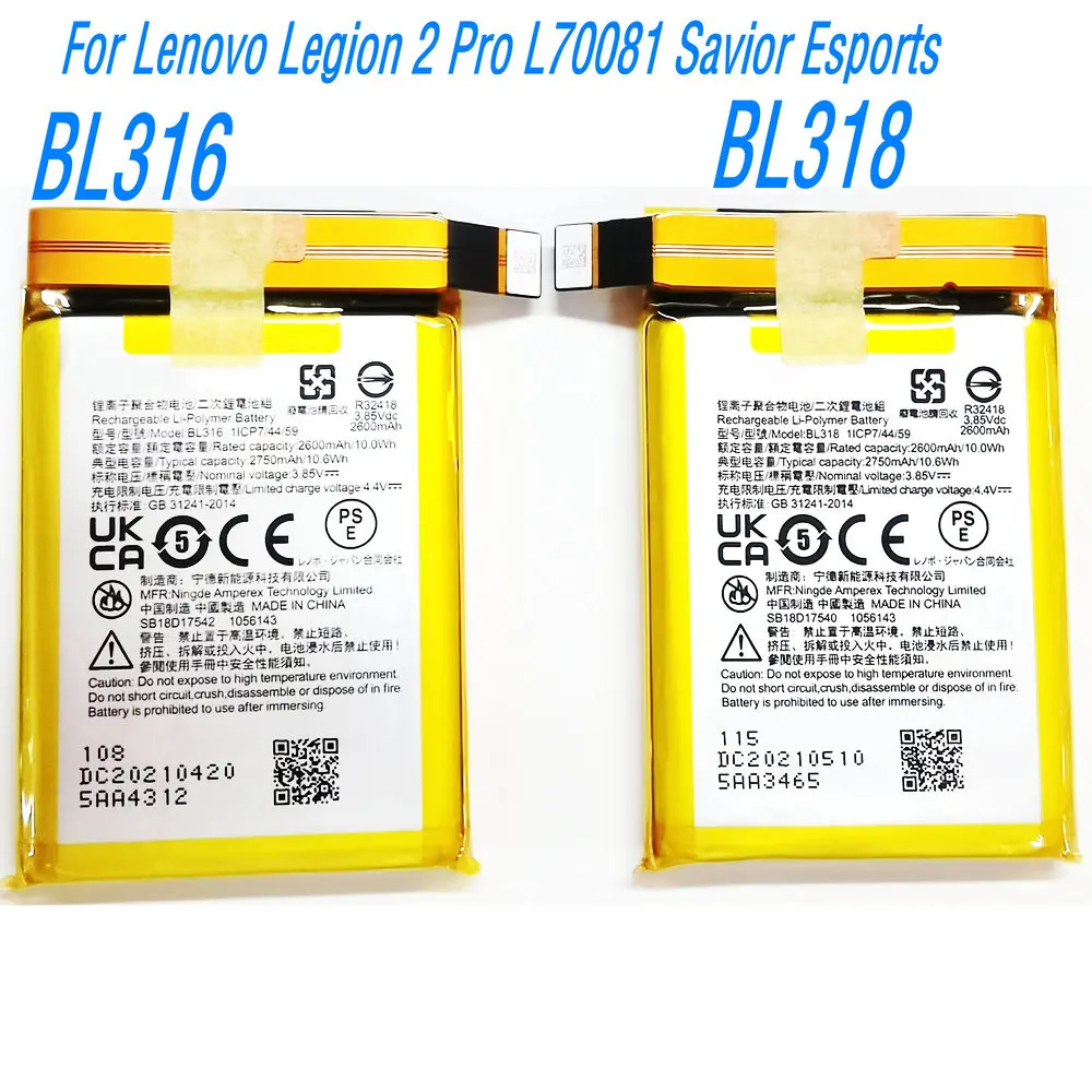 Baterai BL316 BL318 Tahun 2025 Untuk Lenovo Legion 2 Pro L70081 Savior Esports Gaming Phone 3.85V 2750mAh