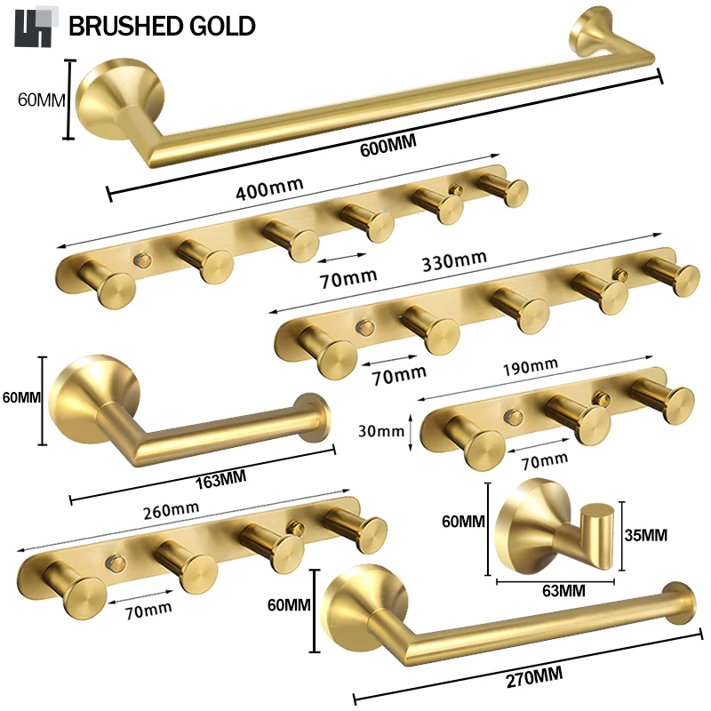 

Brushed Gold Towel Rack Single Towel Bar Key Coat Robe Hook Toilet Tissue Paper Holder Towel Hanger Bathroom Accessories Shelf