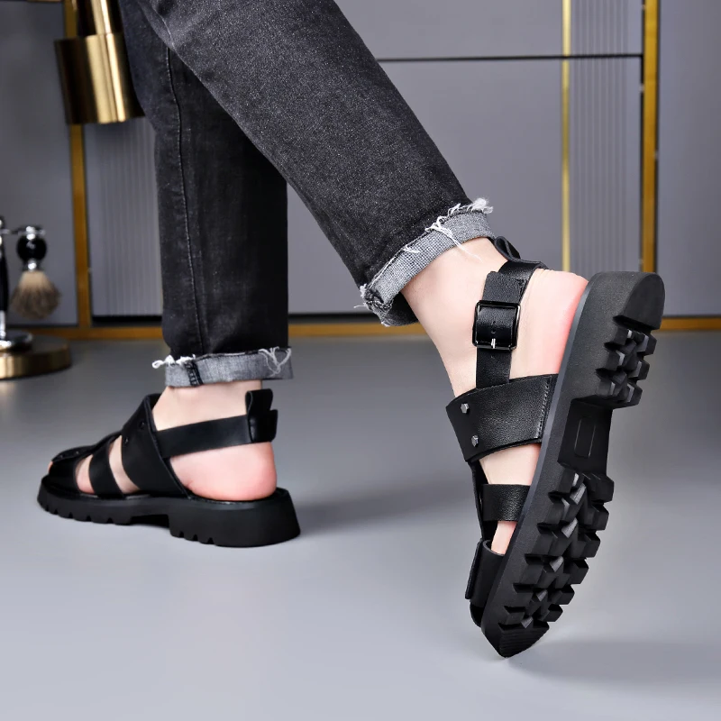 Men 2026 New Fashion Roman Sandals High Quality Genuine Leather Thick Sole Buckle for Comfy Business Leisure Outdoor Sandals