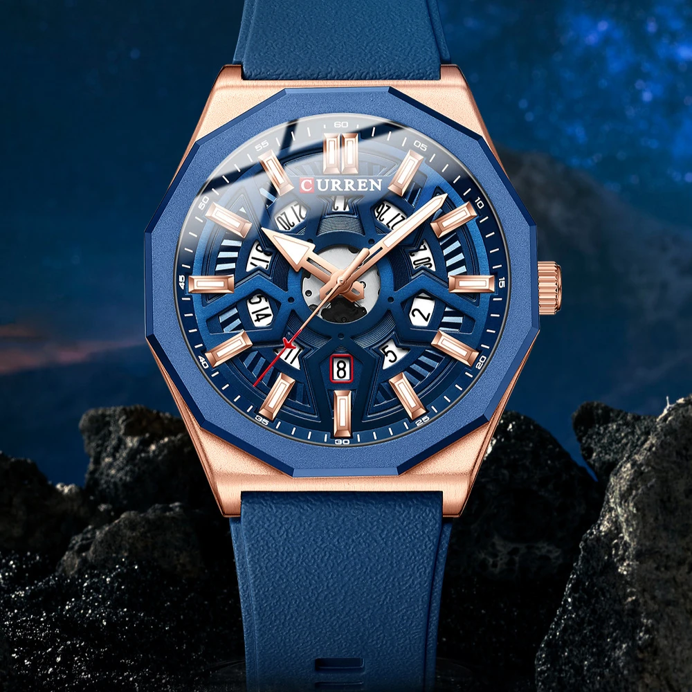 CURREN 8437 Unisex Minimalist Quartz Watch Polygonal Skeleton Sports Waterproof Silicone-Strap Wristwatch view 3