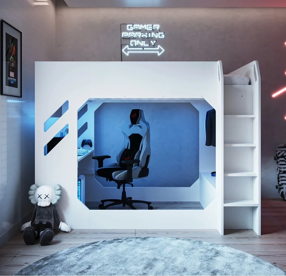 Modern kids podbed gaming loft bed with desk single gamer loft bed for boy and girl bedroom