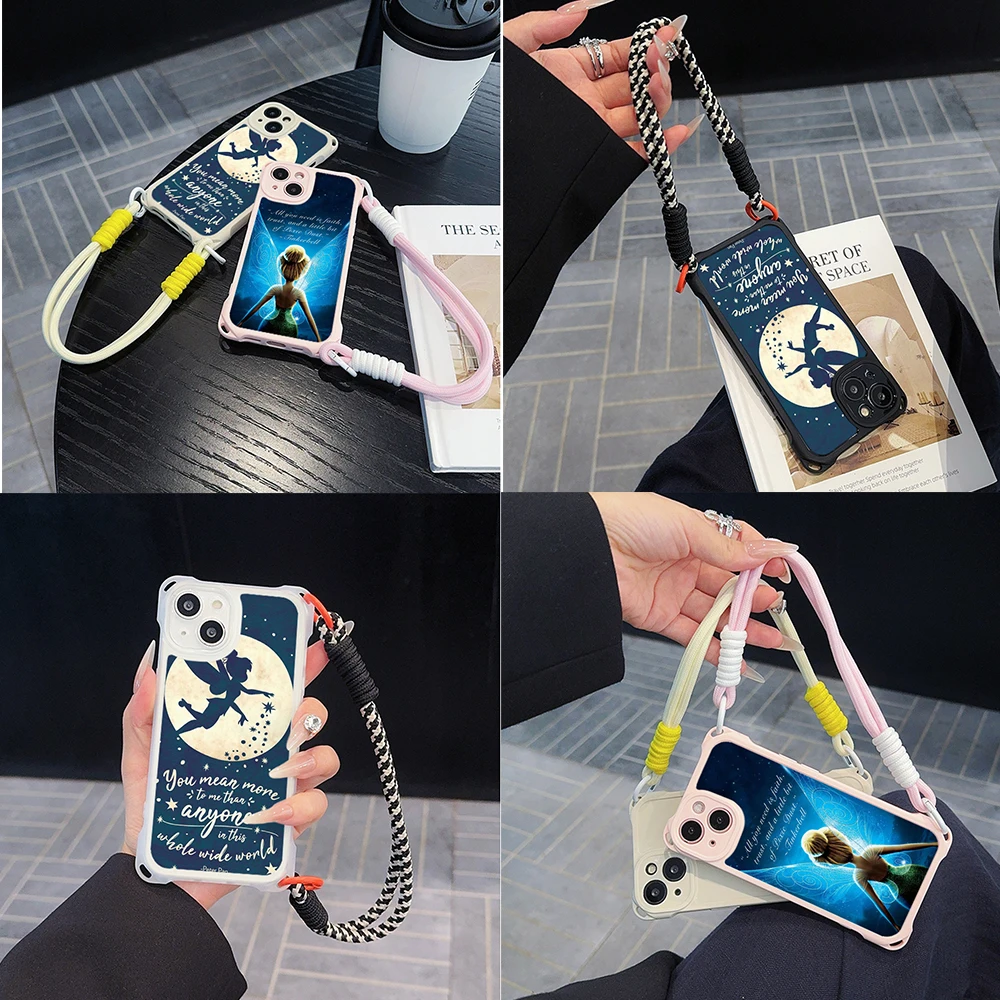 

for iPhone 16 15 14 13 12 11 Pro Max Soft Phone Case Four corners anti-drop With Lanyard Rope SS40 Disney Tinkerbell Princess