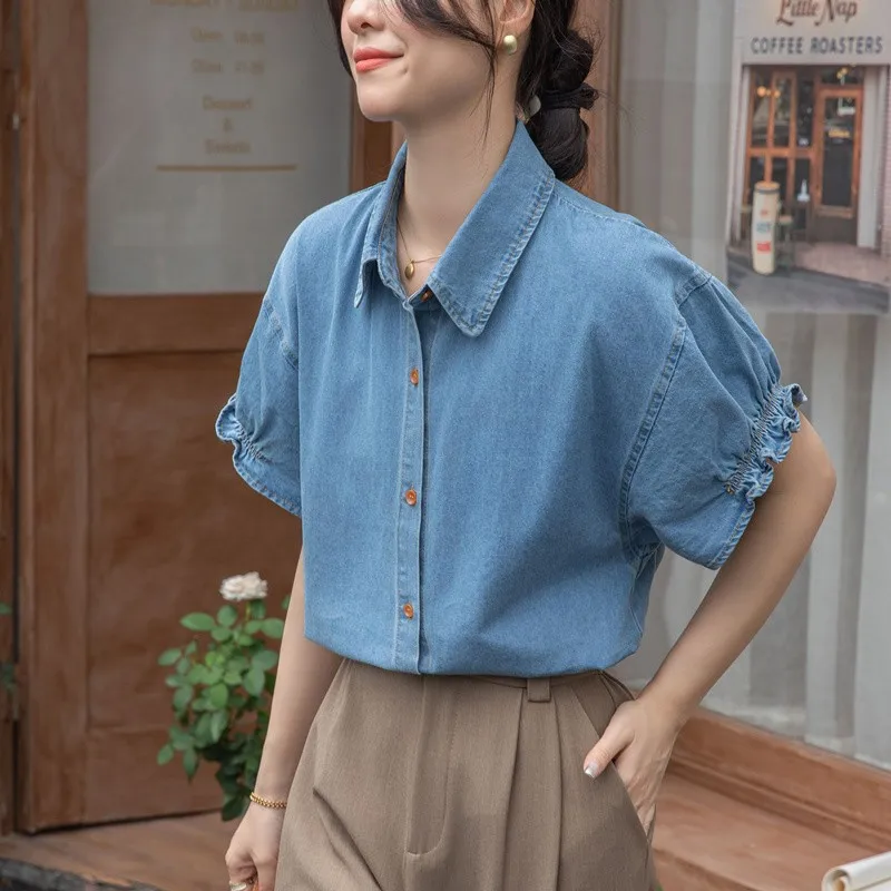 Women Casual Denim Shirt New Arrival 2024 Summer Korean Style Solid Color Basics Loose Female Short Sleeve Tops Shirts W1757