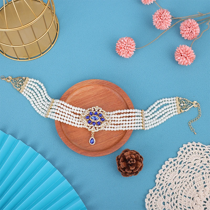 Crystal Tassel Style Necklace Pendant Ethnic Multi-Breasted Imitation Pearl Neck Headband Dual Purpose Women's Wedding Jewelry