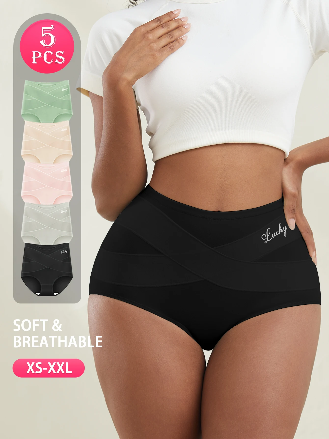 

5PCS Women's High Waist Crossover Underwear Tummy Control Butt Lifting Underwear Women's Cotton Underwear Breathable Sports Bra