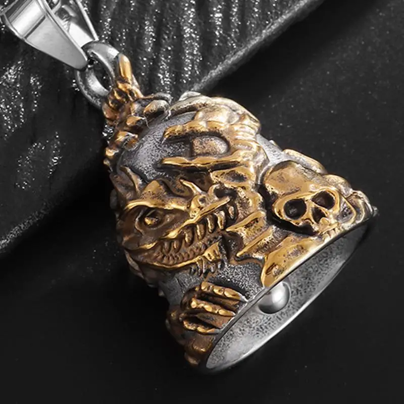 Gothic Skull Bell Pendant Pirate Ghost Head Motorcycle Bell Necklace Men Biker Punk Rock Party for Cycling Cars Keys Backpacks