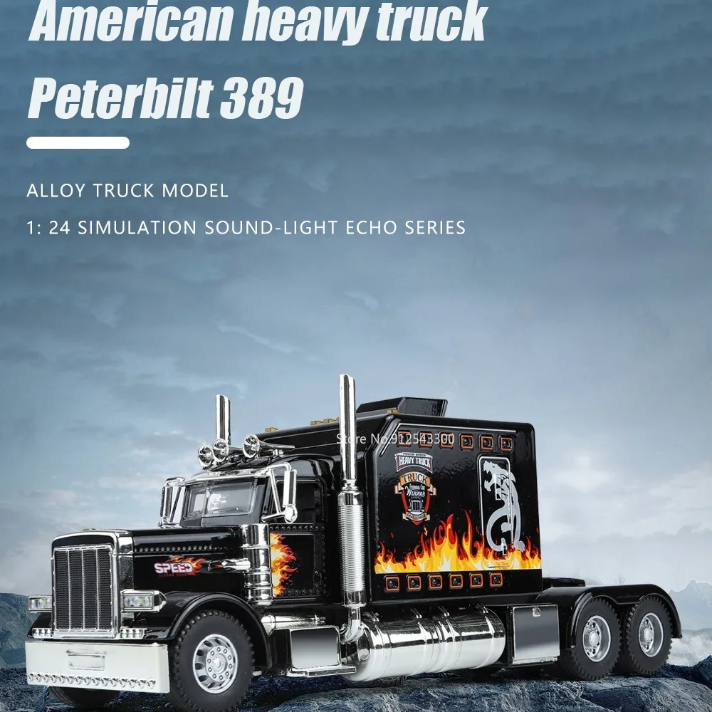 1/24 Scale Peterbilt 389 Heavy Truck Tractor Toy Model Alloy Diecast Sound Light Pull Back Model Truck Boys Toy Gifts Collection