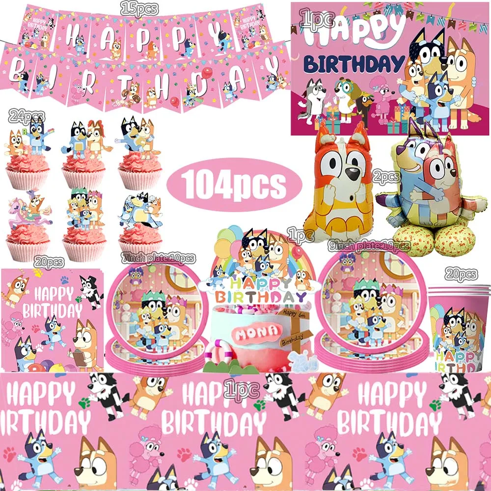 104 pièces/ensemble rose Bluey thème décorations de fête d'anniversaire fournitures jetables vaisselle ballons ensemble bébé douche enfants fête jouet