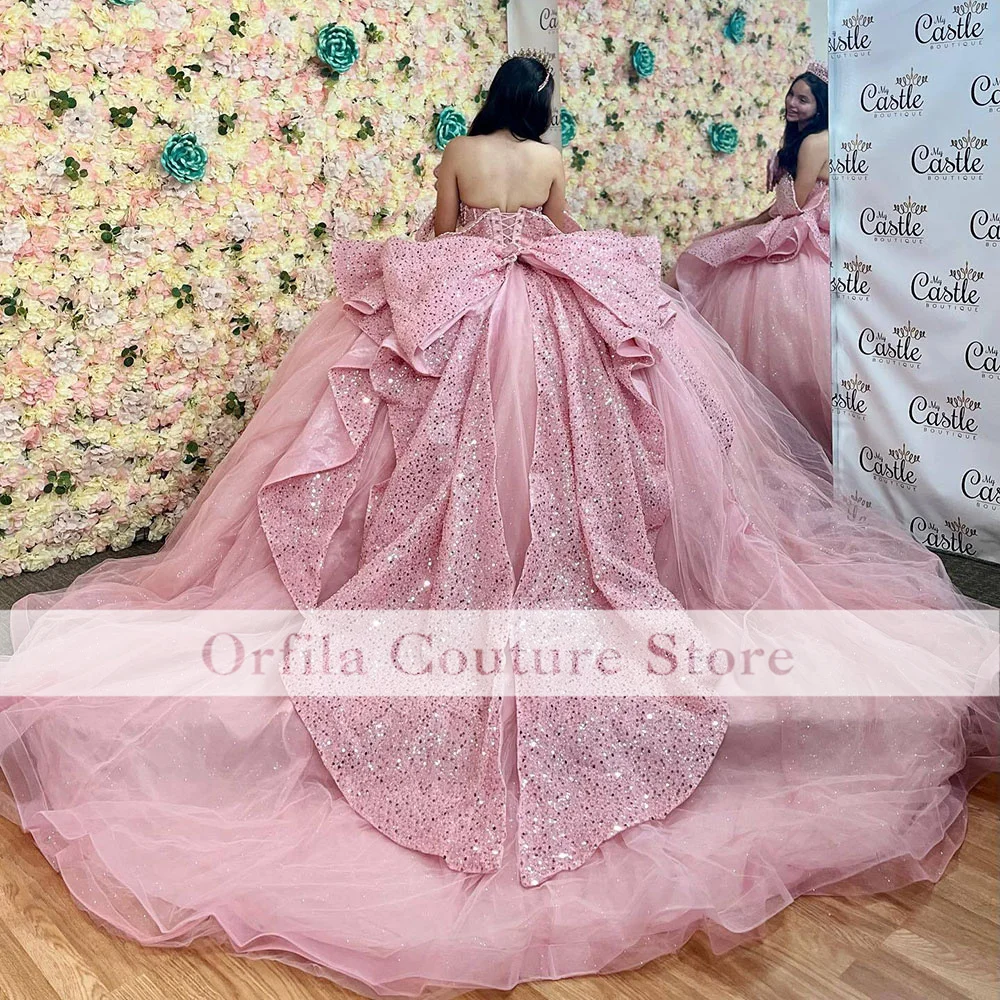 Glitter Roze Quinceanera Jurken Met Strik Off Shoulder Applique Sweet 16 Jaar Oud Meisje Verjaardagsfeestjurk Baljurk Prom Dress