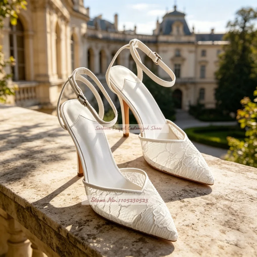 

White Lace Flowers Air Mesh High Heel Shoes Pointed Toe Embroidered Floral Wedding Shoes Ankle Buckle Strap Banquet Heels