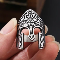 Vintage Viking Warrior Mens Spartan Helmet Ring Stainless Steel Biker Mask Helmet Viking Rune Ring Jewelry Gifts Dropshipping