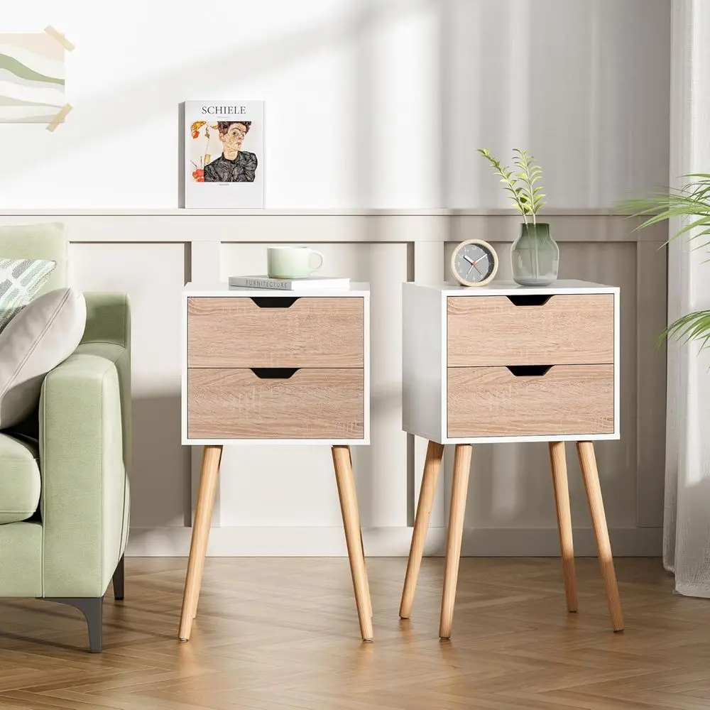 

Two bedside tables with two drawers and solid wood legs, side table, bedroom, living room bedside furniture and white walnut.