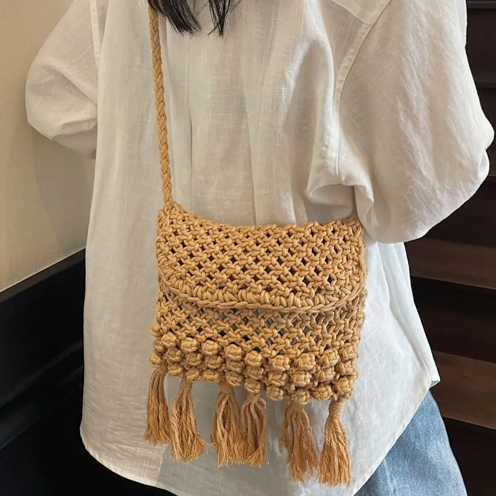 

Hollow Out Cotton Thread Woven Bag Beach Handbag Bohemian Style Tassel Beach Bag Crochet Bucket Bag Hollow Shoulder Bag Holiday