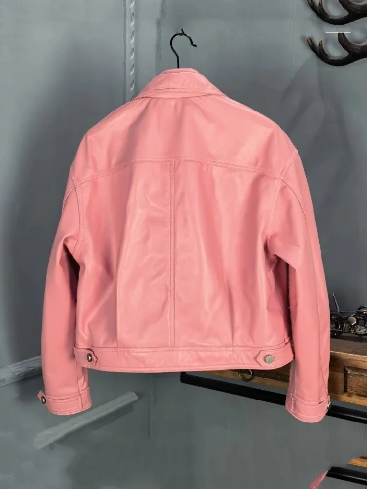 Giacca da donna in vera pelle primavera manica lunga rosa Sheespkin streetwear colletto couverture personalità signora moto cappotto corto
