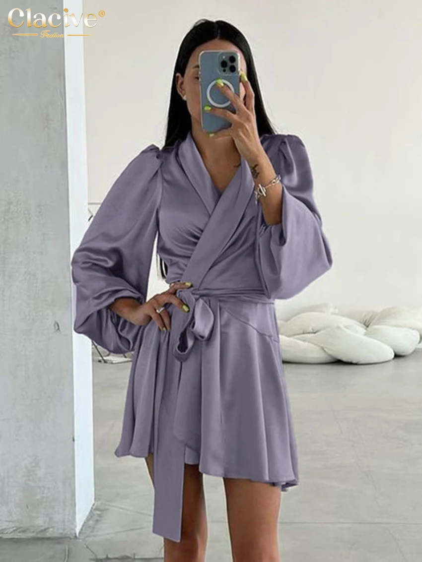 Clacive moda solta roxo cetim vestido feminino 2025 casual com decote em v manga longa mini vestidos elegante clássico rendas vestido feminino