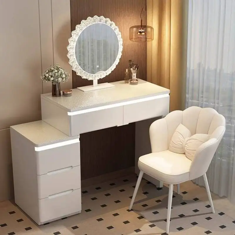 

Luxury Storage Makeup Vanity Desk Glossy Hidden Mirror White Makeup Vanity Desk Modern Europa Komody Master Bedroom Furniture