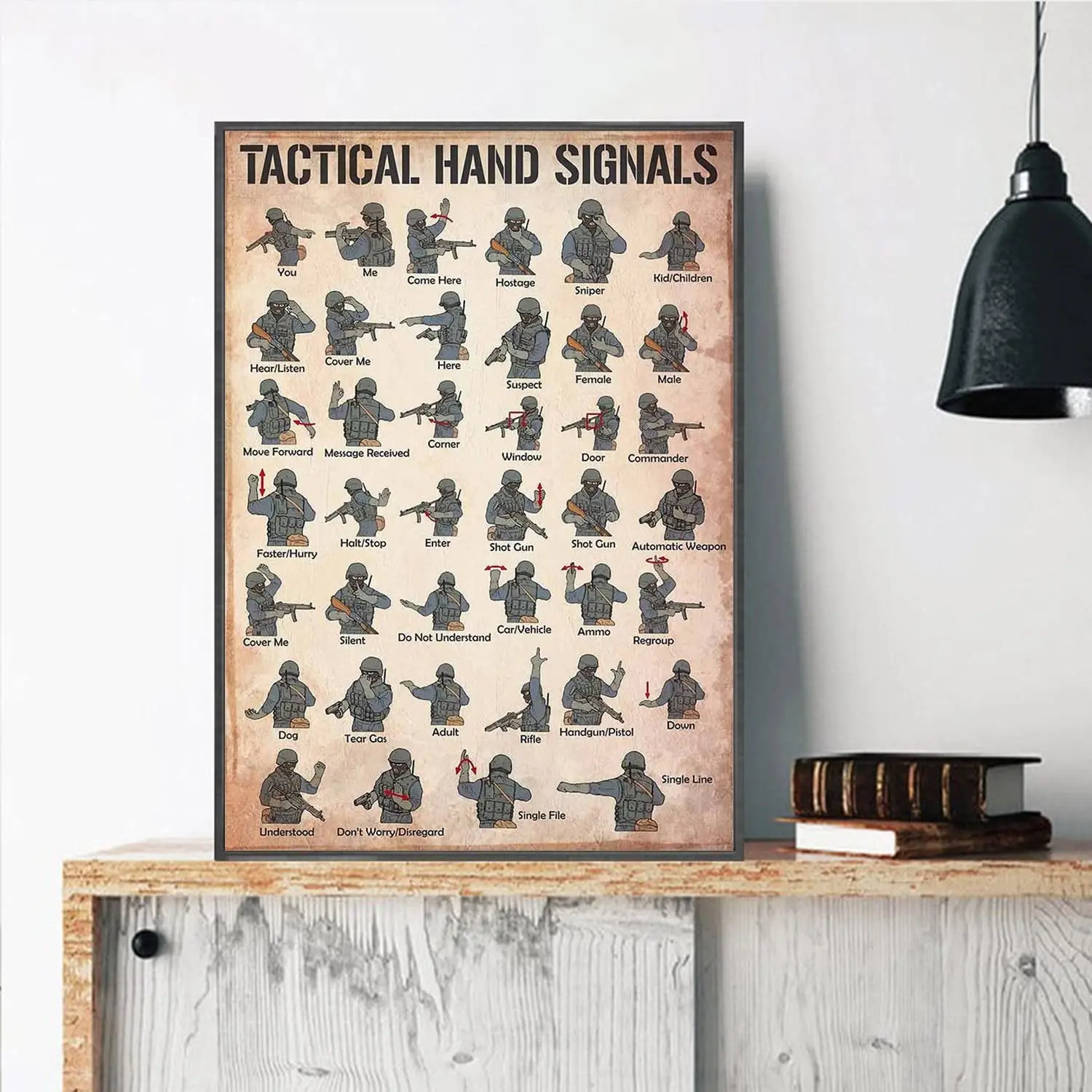 Metal Poster Tactical Hand Signals, 8x12 Inch, Vintage Tin Sign, Military Gifts, Wall Art, US Army Decor, Framed