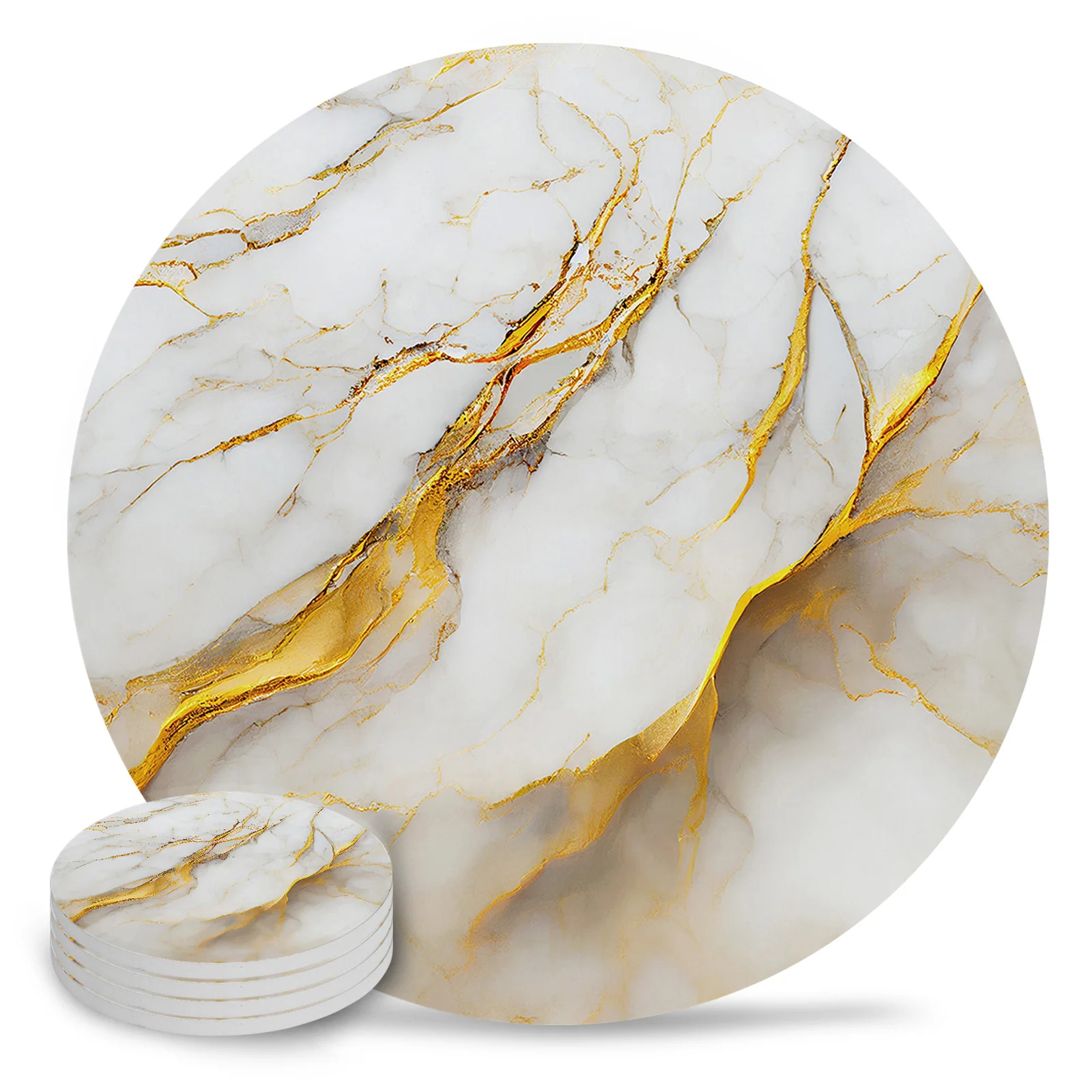 Marble Texture White Coasters Ceramic Set Round Absorbent Drink Coaster Coffee Tea Cup Placemats Table Mat