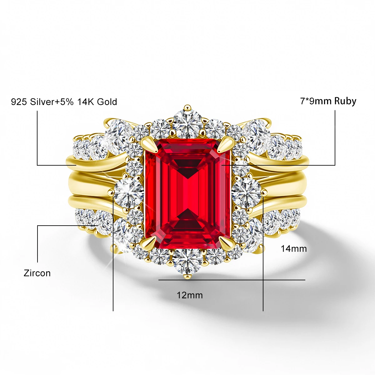New Luxury High End Emerald Cut Moissanite Women's Ring 14K Gold Filled Bridal Jewelry Noble Retro Style Wedding Ring Set
