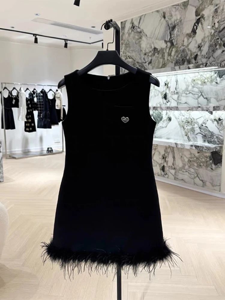

Korea New Dresses For Women Round Neck Sleeveless High Waist Spliced Feathers Summer Dress Vest Female Fashion Clothes Elegant