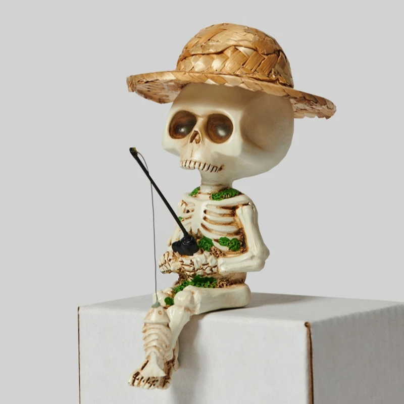 1PC Skeleton Angler Desk Sculpture Humorous Gift Whimsical Fishing Character Figurines Playful Office Decoration Resin Ornaments