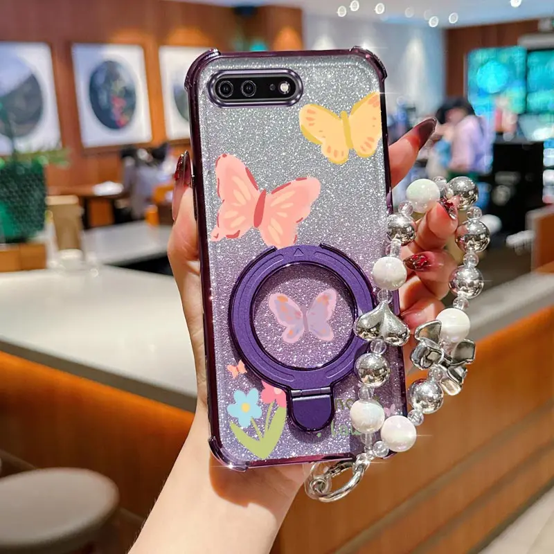 

Чехол-держатель для телефона с жемчужным ремешком и блестящей бабочкой для iPhone 8 Plus 7 6 6s Plus Se 2020 7plus 8plus, противоударный чехол-подставка