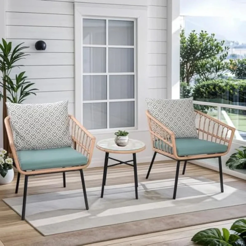 Patio Bistro Set of 3, Outdoor Furniture Set Tempered Coffee Table, Wicker Chairs for Garden, Balcony, Yard Poolside