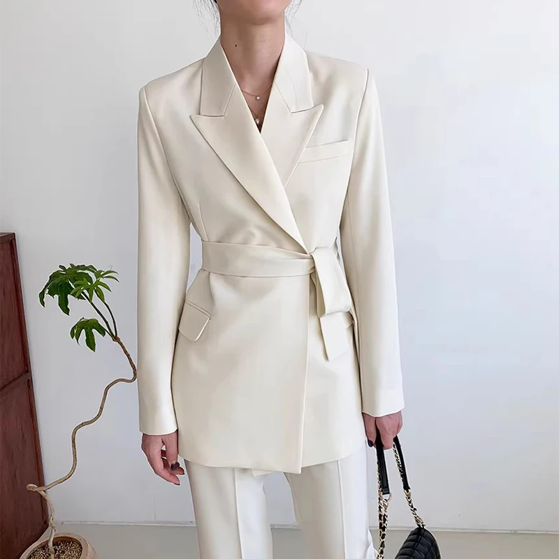 

Ele Spring Waist-Cinching Suit Jaet with High Waist Wide Leg Casual Pants Women's Set Cotton Long Sve Button up