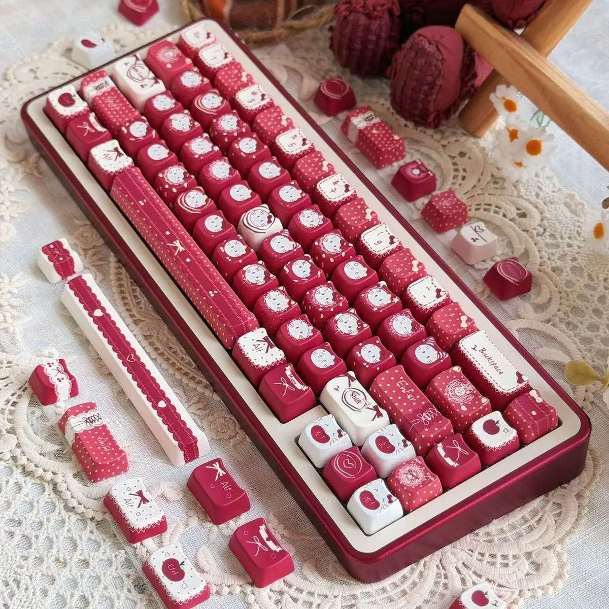 Sanrio Hello Kitty Retro Red Velvet Pbt Keycaps, 129 Keys Custom Keycaps, Compatible with 61-108 Keys Mechanical Gaming Keyboard view 2