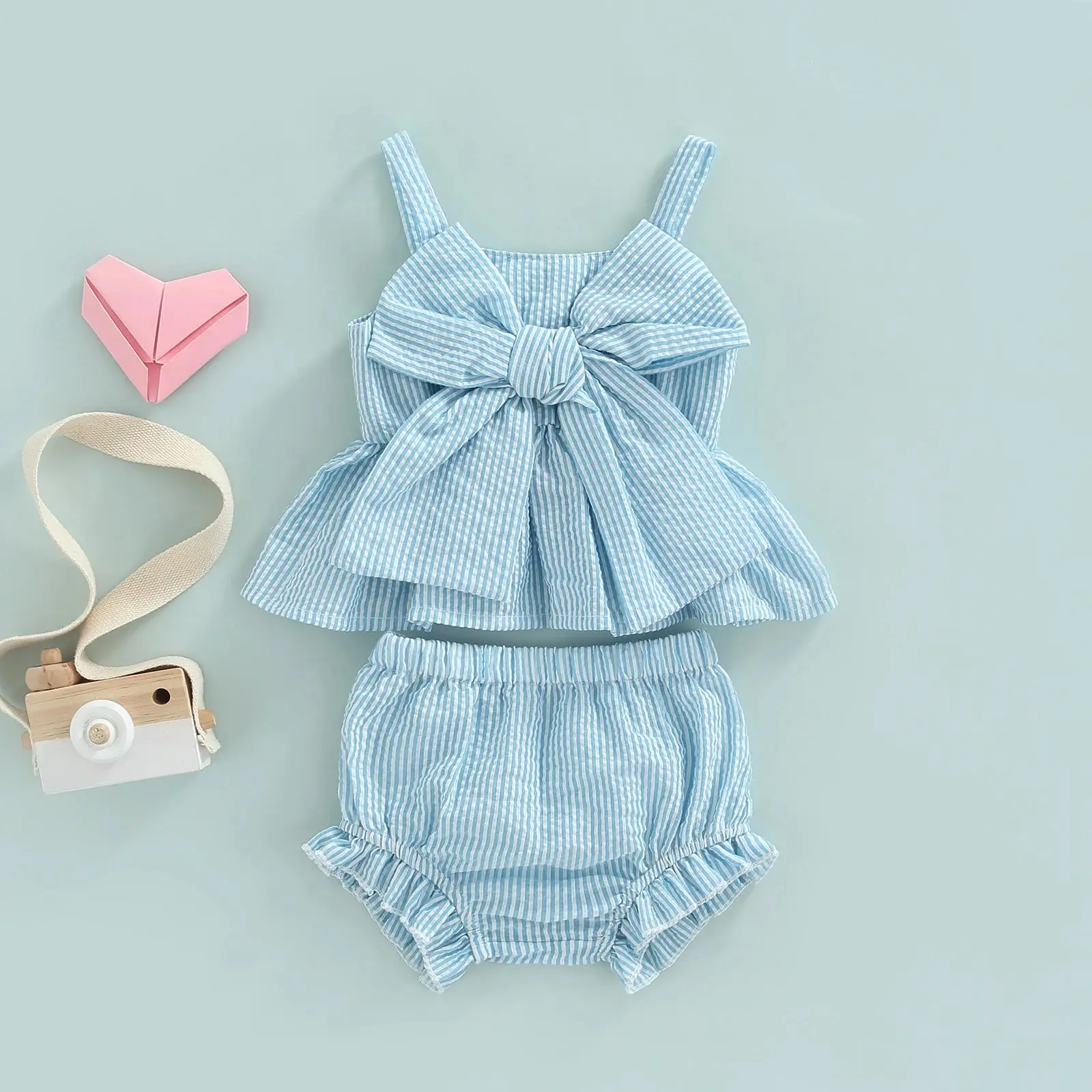 0-18M Newborn Baby Girl 2Pcs Sweet Clothing Set Striped Print Big Bow Embellished Vest Dress Top Shorts