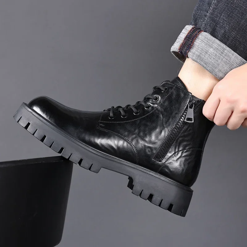 MEN Shoes 2023 High Quality Lace Up Zipper Men\'s Boots Winter Round Toe Solid Plush Warm Platform Water Proof Fashion Boots