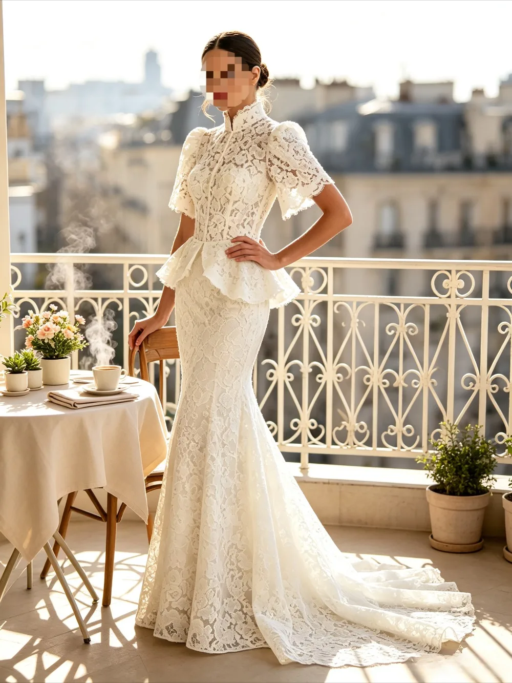 Customized Lace Mermaid High Neck Wedding Dress Fluffy Sleeves Waist Cinched Bridal Gown Vintage Elegant Long Style 2026 Women