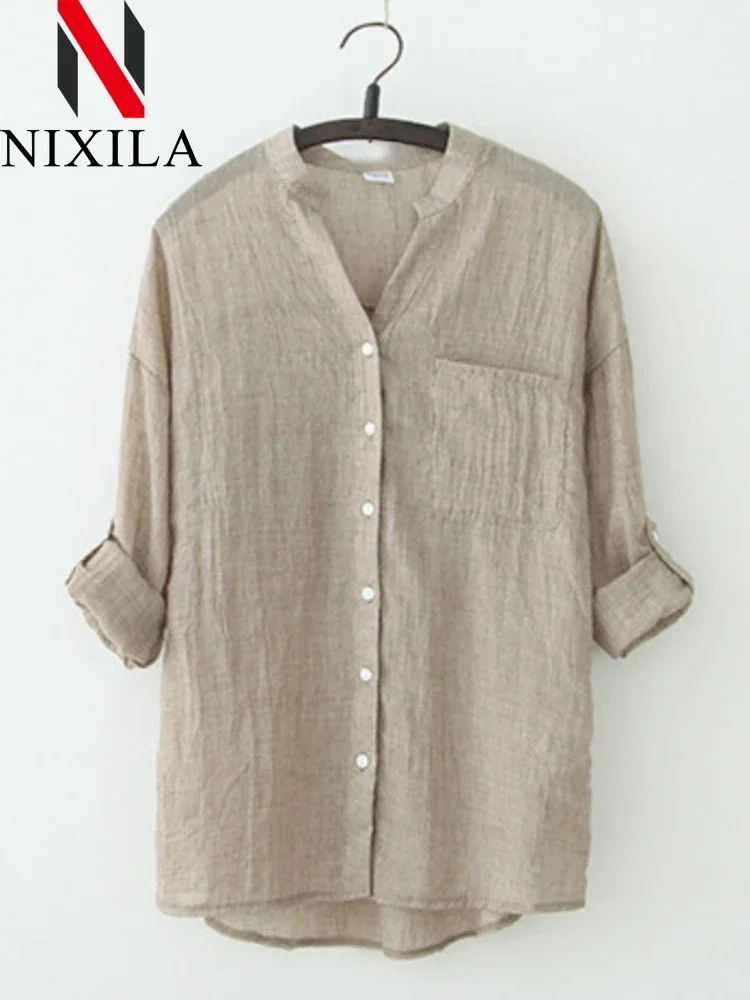 ฤดูร้อนผู้หญิงเสื้อแขนยาวลําลองผ้าฝ้ายผ้าลินินเสื้อขนาดใหญ่เสื้อ Basic หญิงเสื้อผ้า