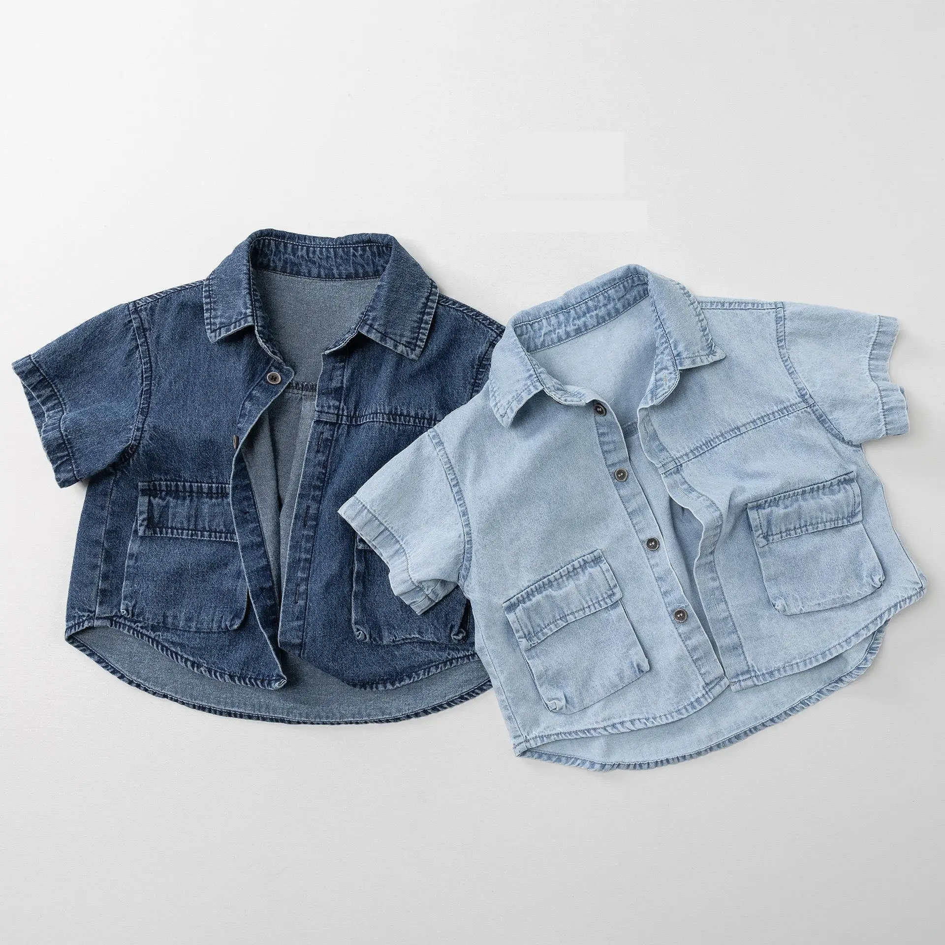 

2026 Summer New Children Short Sleeve Denim Shirts Boys Girls Lapel Shirts Solid Baby Casual Tops Fashion Kids Clothes