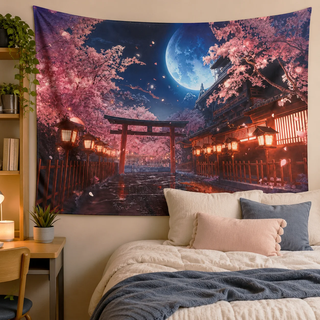 Japanese Torii Gate Cherry Blossom Tapestry, Full Moon Night Sakura Wall Hanging, Anime Style Bedroom Decor, Gift for Friends