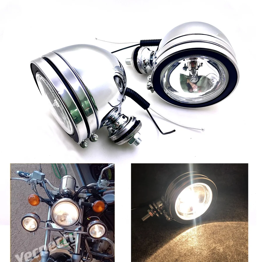 1PC Metal Chrome Universal Motorcycle Fog Light Front Driving Spot Auxiliary Lamp For Honda Shadow Yamaha V-stars Kawasaki