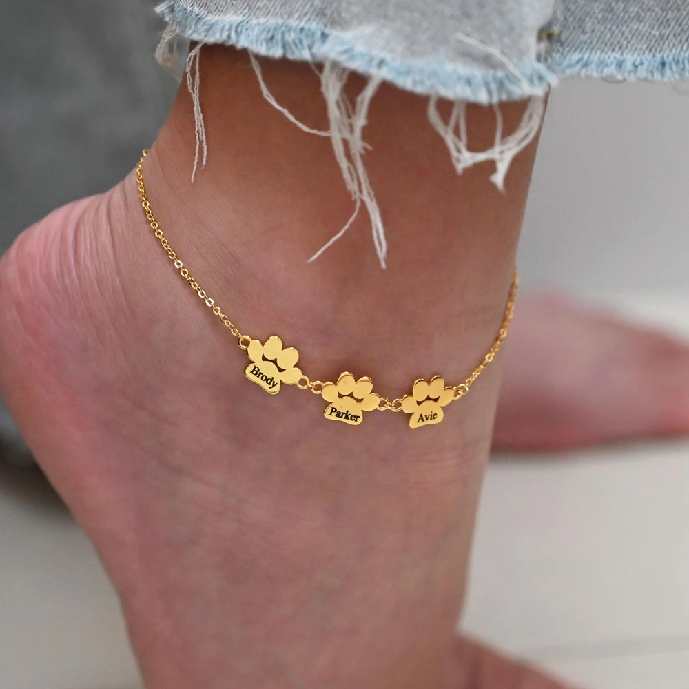 

Personalized Paw Print Anklet Engraved Pet Name Anklet Custom Multiple Names Cat Dog Paw Ankle Bracelet Foot Chain Memorial Gift
