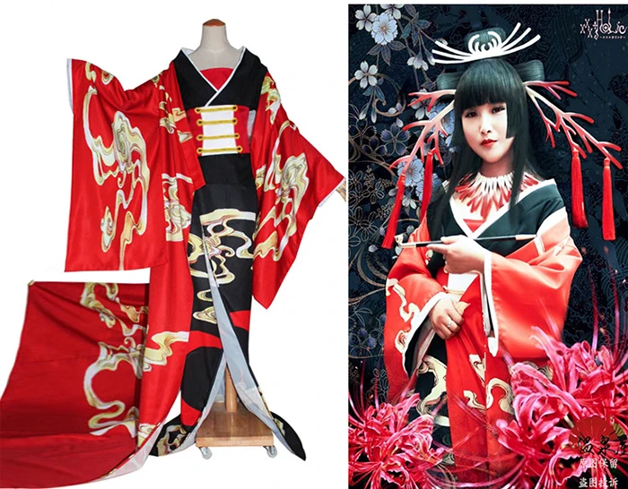 COS-HoHo [Customized]Anime xxxHOLiC Ichihara Yuko Coral Kimono Trailing Red Dress Uniform Cosplay Costume Halloween Party Outfit