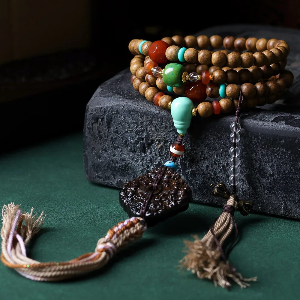 

Multi Wrap Butter Agarwood Bracelet with Vajra and Turquoise Style Ancient Pendant Chinese Style Jewelry for Women Gifts